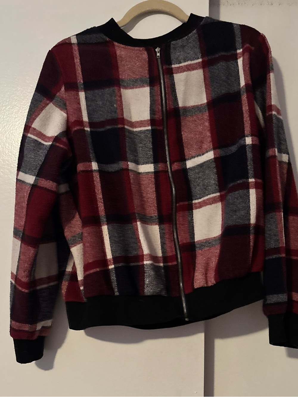 Women's Plaid Zip-Front Bomber Jacket - Red/White/Black